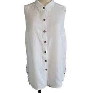 JNY 100% Linen Sleeveless Tunic Top Boho Button-Up Relaxed Summer White L EUC